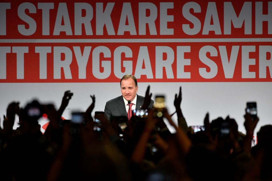 Prime minister and party leader of the Social democrat party Stefan Lofven addresses supporters at an election night party following the general election.