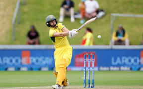 Australia Ellyse Perry plays a shot during the 2nd ODI New Zealand White Ferns v Australia Rose Bowl ODI series at Basin Reserve, 2024.