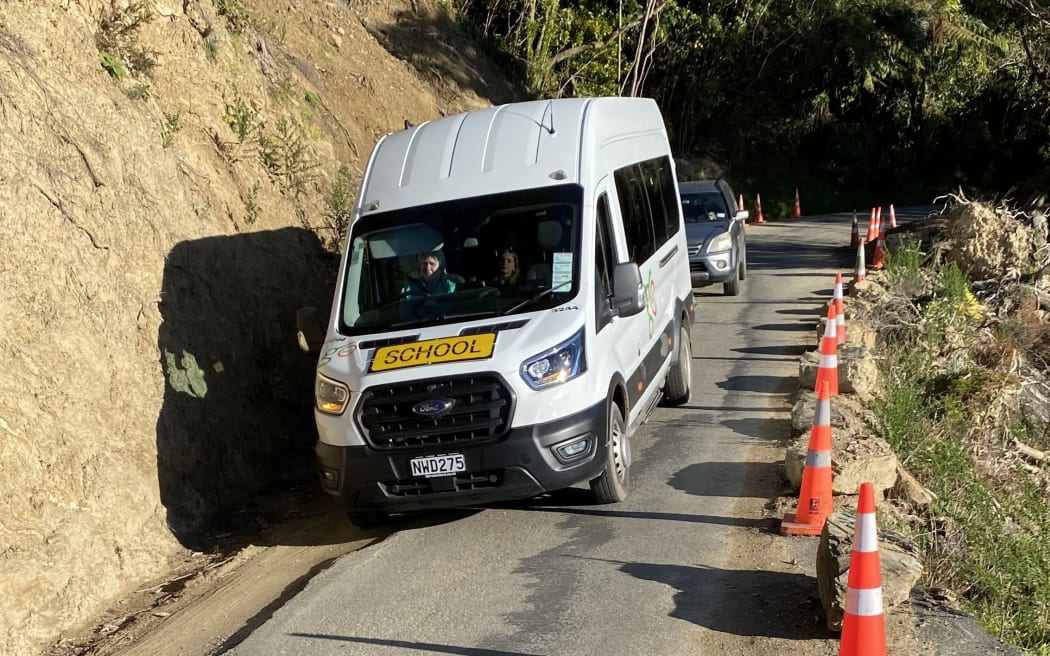 The school bus carefully navigates the Elephant Point slip on Moetapu Bay Road.