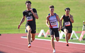 Tiaan Whelpton, Zachary Saunders and Hayato Yoneto during the Men’s 100m .
Sir Graeme Douglas International track and field competition 2022.
