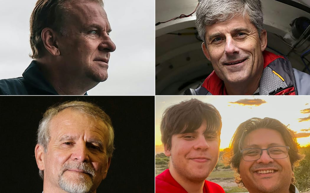 This combination of pictures created on June 21, 2023 shows Titan submersible passengers (L-R, top to bottom) Hamish Harding, in an image courtesy of Dirty Dozen Productions, ahead of the 4am start of the RMS Titanic Expedition Mission 5 on June 18, 2023. A portrait courtesy of OceanGate Expeditions of their CEO and founder Stockton Rush. A May 31, 2013, file photo of Paul-Henri Nargeolet, director of a deep ocean research project dedicated to the Titanic, in Paris. An
undated image courtesy of the Dawood Hercules Corporation released on June 20, 2023, of Suleman Dawood and his father Shahzada Dawood, vice-chairman of Karachi-headquartered conglomerate Engro.
Rescuers searching for the Titan near the wreck of the Titanic have detected "underwater noises" in the search area, the US Coast Guard said June 21, 2023, with the five on board estimated to have less than 24 hours of oxygen left.
Handout, Joël SAGET / AFP / Dirty Dozen Productions / OceanGate Expeditions / DAWOOD HERCULES CORPORATION