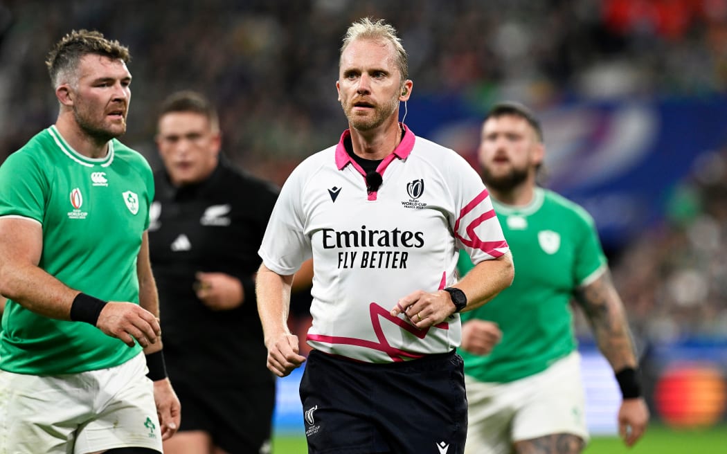 Match referee Wayne Barnes during the Rugby World Cup quarter-final between Ireland and the All Blacks.