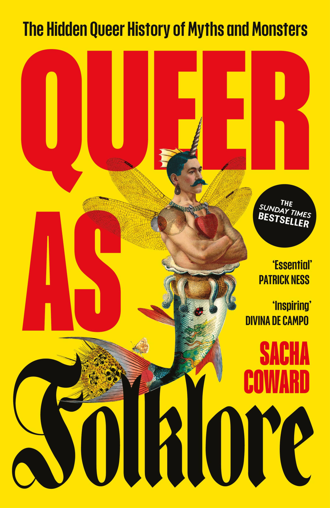 The cover of the book "QUEER AS FOLKLORE". The cover is yellow with large red letters, with an illustration of a merman with wings and a unicorn horn.