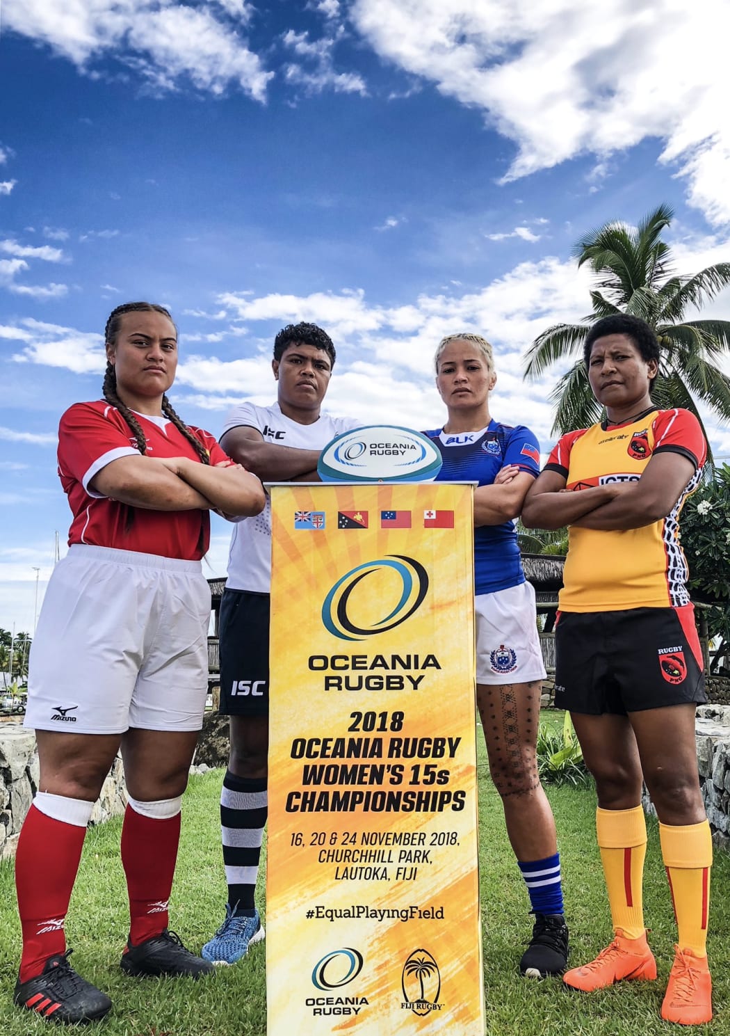 Tonga captain Vainga Moimoi, Fiji captain Rusila Nagasau, Samoa skipper  Sui Pauaraisa and PNG's Margaret Naua.
