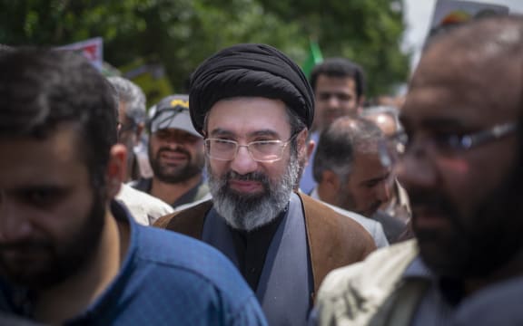 May 31, 2019 file photo shows, Son of Iran’s Supreme Leader Ayatollah Ali Khamenei, Mojtaba Khamenei, attends a demonstration to mark Jerusalem day in Tehran. (Photo by Morteza Nikoubazl/NurPhoto) (Photo by Morteza Nikoubazl / NurPhoto via AFP)