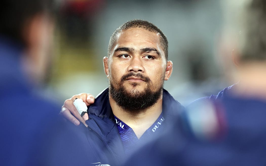 Ofa Tu’ungafasi of the Blues during the round 9 Super Rugby Pacific match between the Blues and ACT Brumbies at Eden Park in Auckland, New Zealand on Saturday, April 20, 2024. Photo: David Rowland / www.photosport.nz