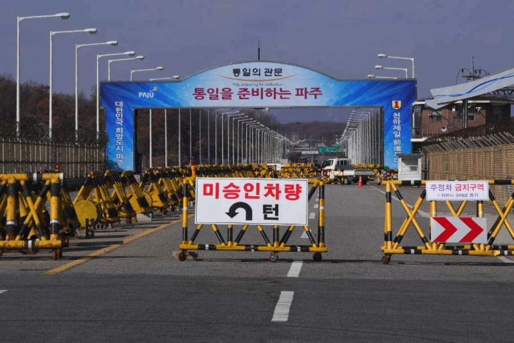 A barricade is set on the road leading to the truce village of Panmunjom at a South Korean military checkpoint near the Demilitarized Zone (DMZ).