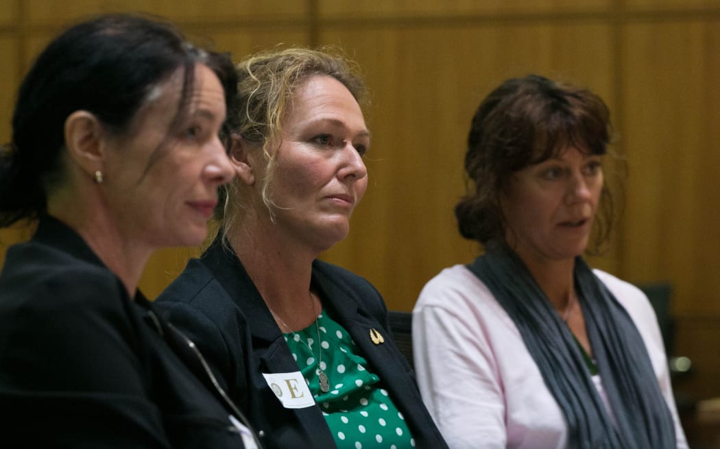 Sue Grey (left) is representing medicinal cannabis activist Rose Renton (centre), pictured here presenting a submission to a parliamentary select committee (file photo)