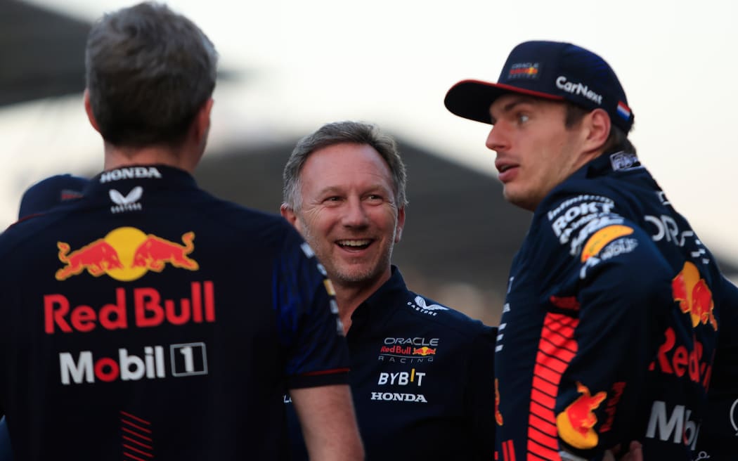 Christian Horner and Max Verstappen of Red Bull Racing.