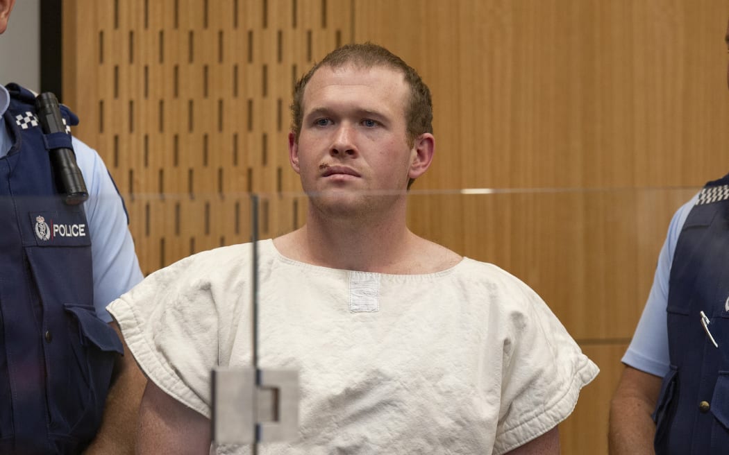 Brenton Tarrant, the man charged in relation to the mosque shootings in Christchurch, in the dock at Christchurch District Court for his first appearance on 16 March.
