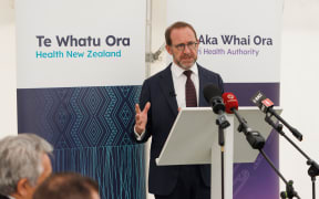 Health minister Andrew Little, flanked by the country's top health sector leaders, launches a new interim health plan for the country outside Taupō Hospital today.