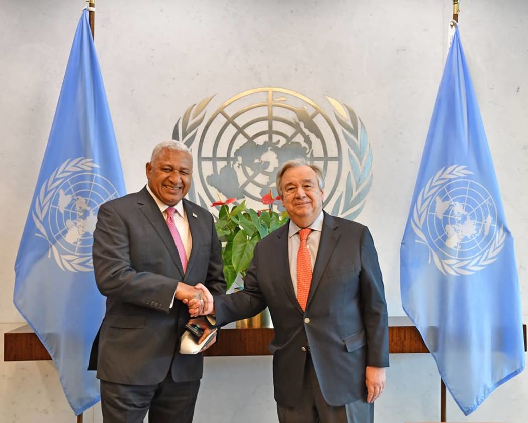 Fiji prime minister Frank Bainimarama meets with United Nations Mr.António Guterres during a meeting at the United Nations head quarters in New York.