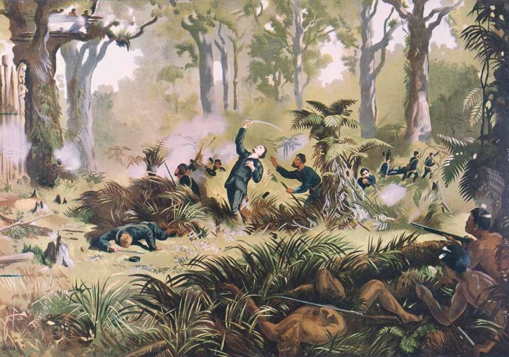 Kennett Watkins’ romanticised painting of the death of Gustavus von Tempsky during a battle against Tītokowaru at Te Ngutu-o-te-Manu, 1868.