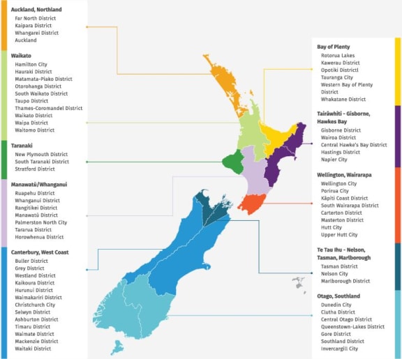 A map showing the regional boundaries for the water service entities under Labour's proposed rework of the legislation. 1 Auckland and Northland, 2 Waikato, 3 Bay of Plenty, 4 Tai Rāwhiti including Gisborne and Hawke's Bay, 5 Taranaki, 6 Manawatū and Whanganui, 7 Wellington and Wairarapa, 8 Te Tau Ihu including Nelson, Tasman and Marlborough, 9, Canterbury and the West Coast, 10 Otago and Southland.
