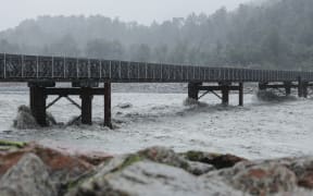 The Waiho River reached peak levels as heavy rain battered the West Coast on 11 April 2024.