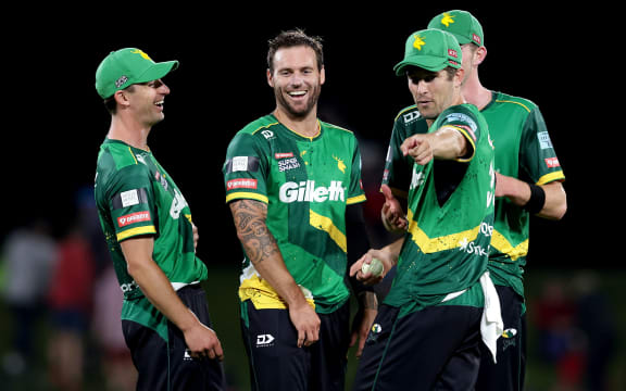 Central Stags Doug Bracewell (c) celebrates with his team mates. Dream 11 Super Smash T20 Cricket, Canterbury Kings v Central Stags, Hagley Oval, Christchurch, New Zealand. Sunday 10 January 2021.
