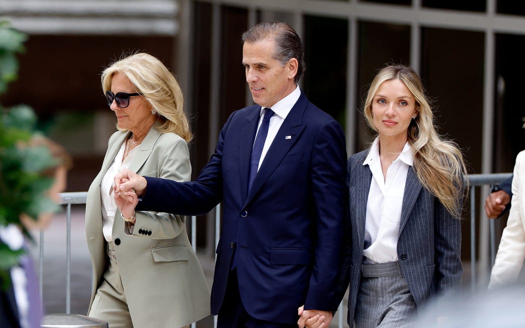 WILMINGTON, DELAWARE - JUNE 11: (L-R) First lady Jill Biden, Hunter Biden, son of U.S. President Joe Biden, joined by his wife Melissa Cohen Biden, leave the J. Caleb Boggs Federal Building on June 11, 2024 in Wilmington, Delaware. A federal jury has convicted Hunter Biden on all three federal felony gun charges he faced.