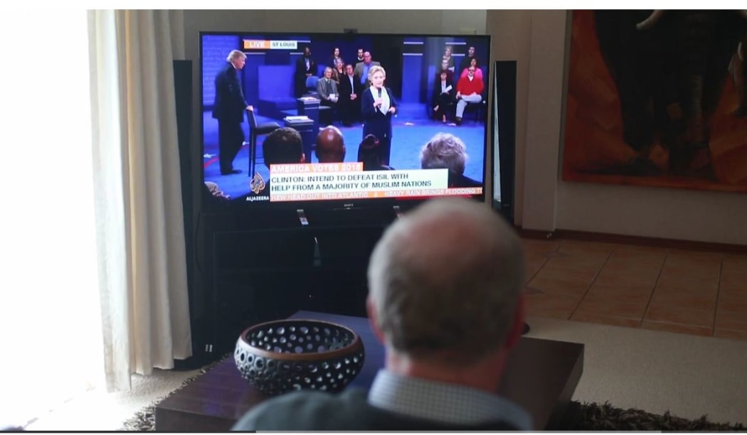 Robert Trump of Temuka watching Donald Trump - no relative -  in the presidential debate this week. NZ Herald video.