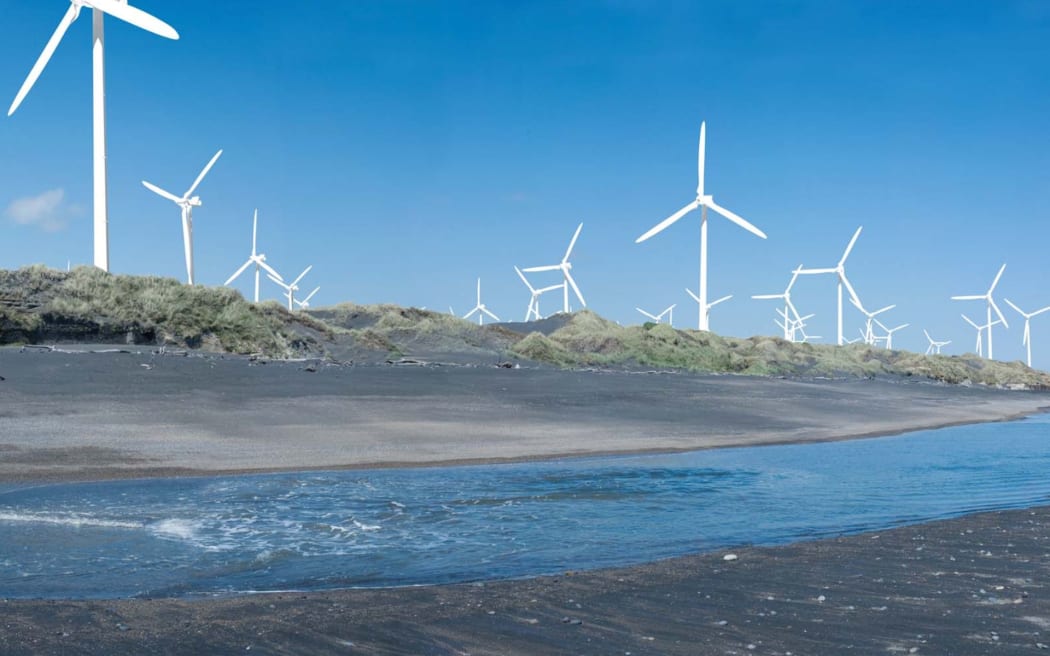 An artist's impression of the wind turbines from Whenuakura rivermouth.
