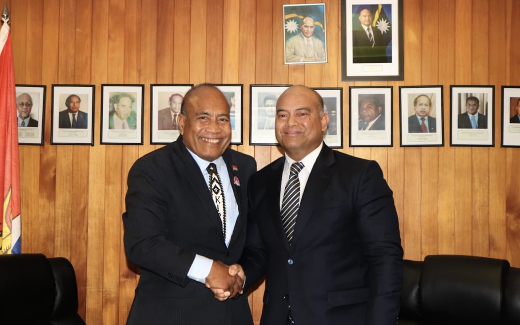 Nauru and Kiribati presidents, Taneti Maamau, left, and David Adeang signed a memorandum of understanding to enhance aviation cooperation between their governments, on 1 February 2025.