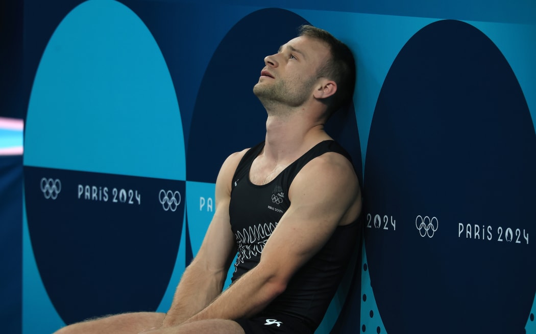 Dylan Schmidt after the final of the Paris Olympics trampoline gymnastics at Bercy Arena.