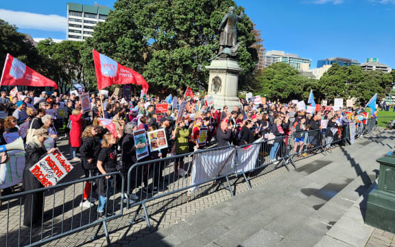Striking teachers at Parliament on 10 May, 2023.
