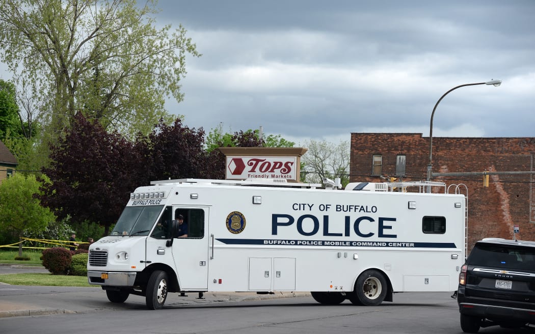 A City of Buffalo police van is seen outside the scene of the shooting in Buffalo, New York.