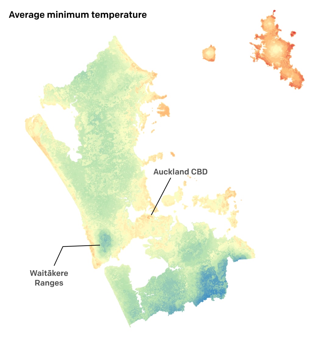 Map of Auckland showing varying minimum daily temperatures across the region