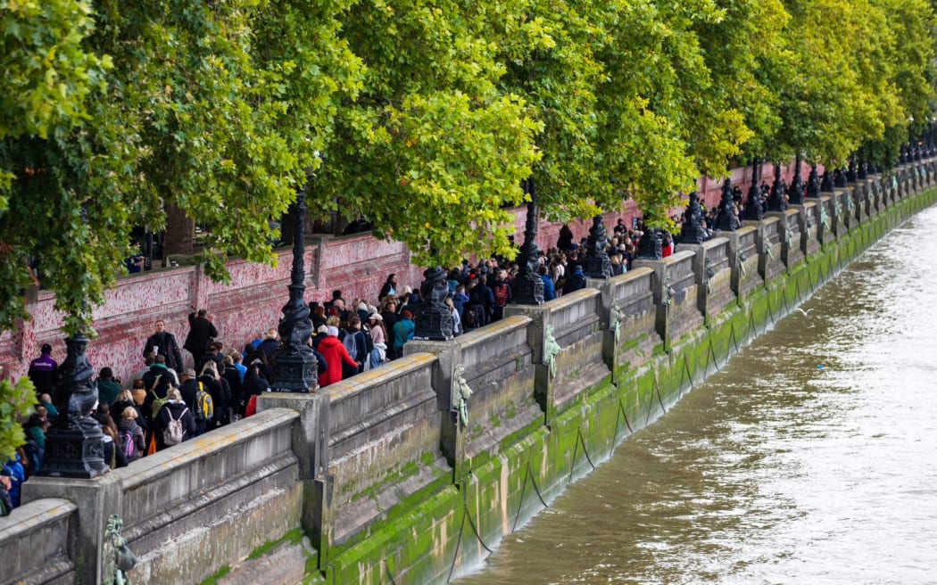 People in the queue to file past the coffin of Queen Elizabeth II in Westminster Hall. Here the queue winds down the embankment towards Lambeth Bridge in central London.