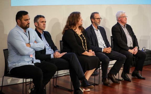 Strong Public Media Business Case Governance Board.
From left: Bailey Mackey, Glen Scanlon, Sandra Kailahi, Michael Anderson, and  William Earl.