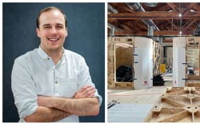 Portrait of Ged Finch and picture of wooden and Xframed wall partitions being built
