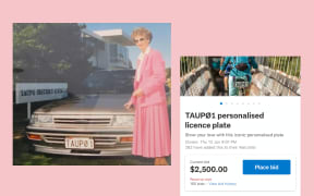 A composite image showing an old photo of former Taupo mayor Joan Williamson next to her car with the "TAUP0 1" number plate, parked by the "TAUPO DISTRICT COUNCIL" sign. It also shows a TradeMe listing for the number plate, with the current bid at $2,500.00.