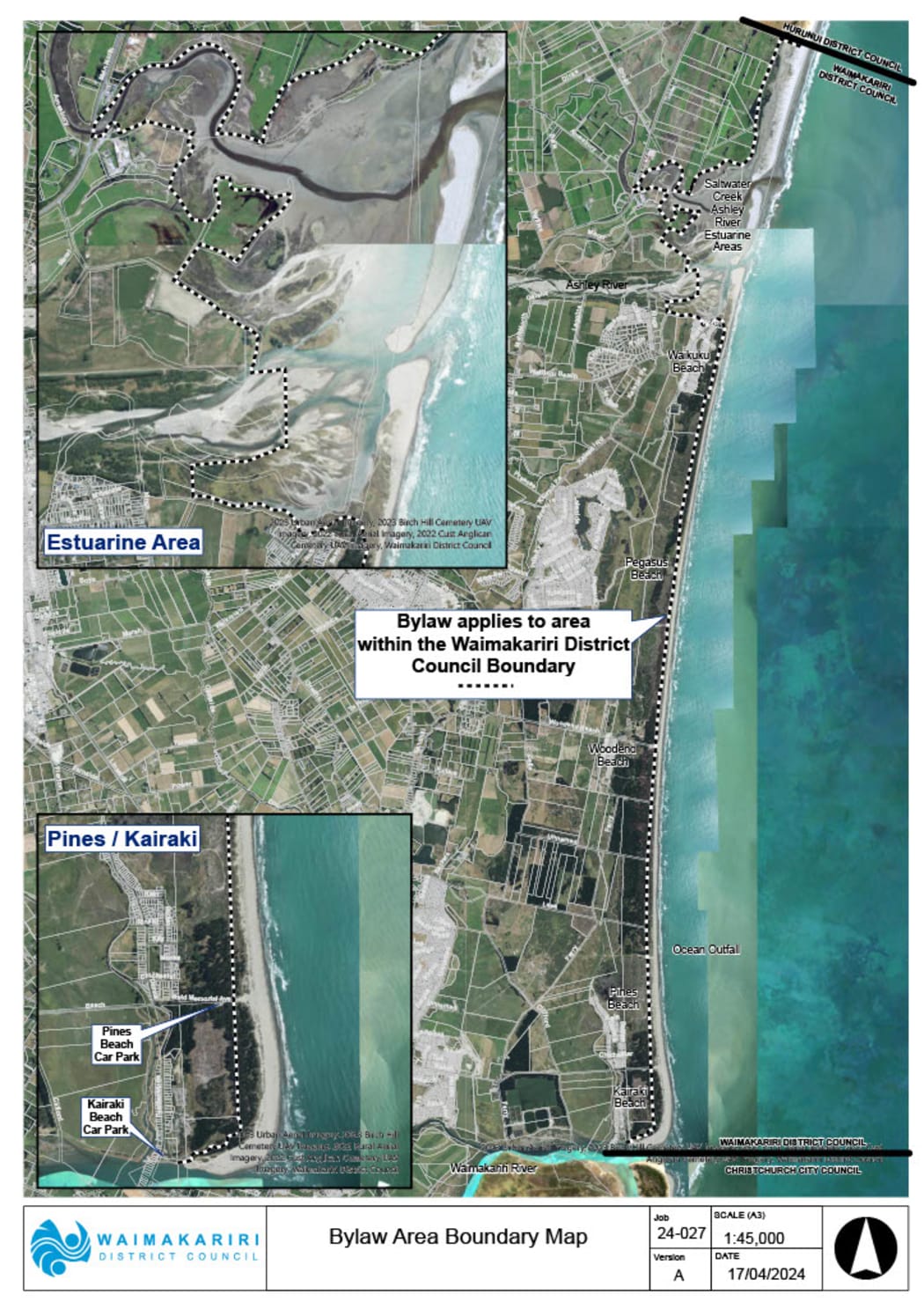 A map showing the area governed by the Waimakariri District Council's Northern Pegasus Bay bylaw. The Ashley Rakahuri River and Saltwater Creek estuary are to the north.