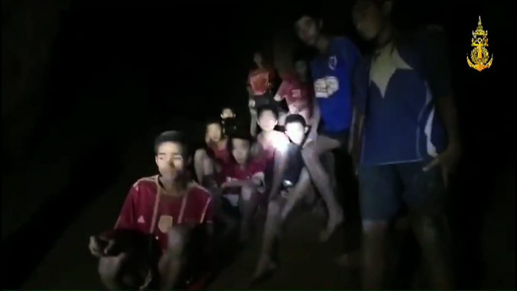 children inside the Tham Luang cave of Khun Nam Nang Non Forest Park in the Mae Sai district of Chiang Rai province.
Twelve boys and their football coach trapped in a flooded Thai cave for nine days were found alive after a painstaking search by specialist divers.