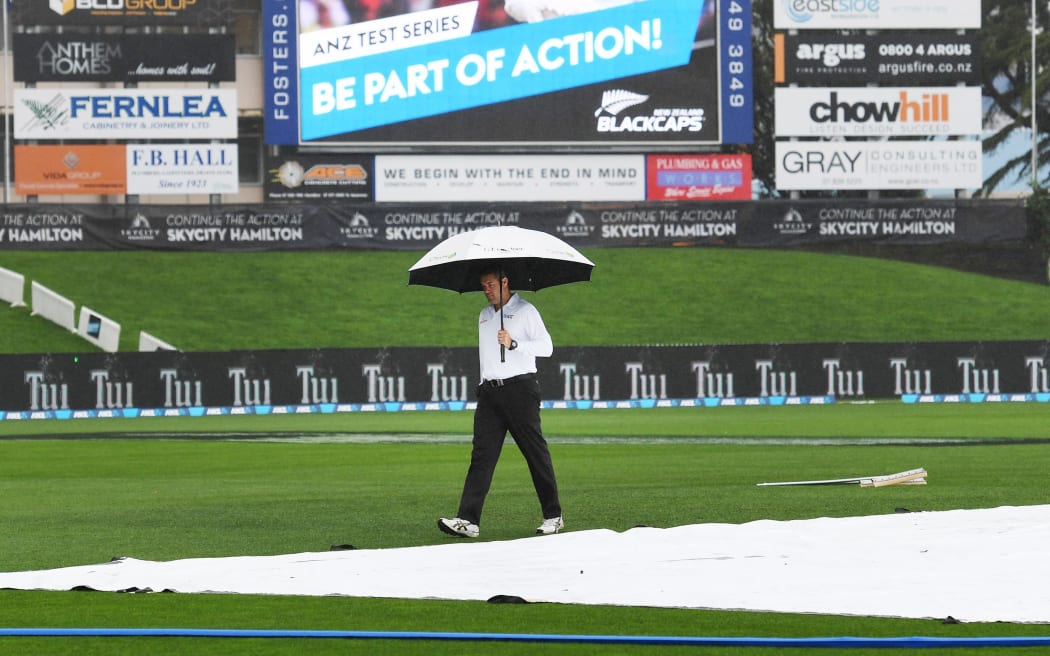 Umpire Chris Brown inspects the Seddon Park pitch.