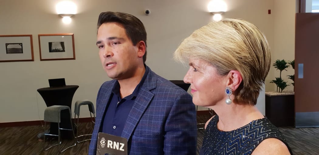 National leader Simon Bridges with Australia's former foreign minister Julie Bishop at the party's caucus retreat in Hamilton.