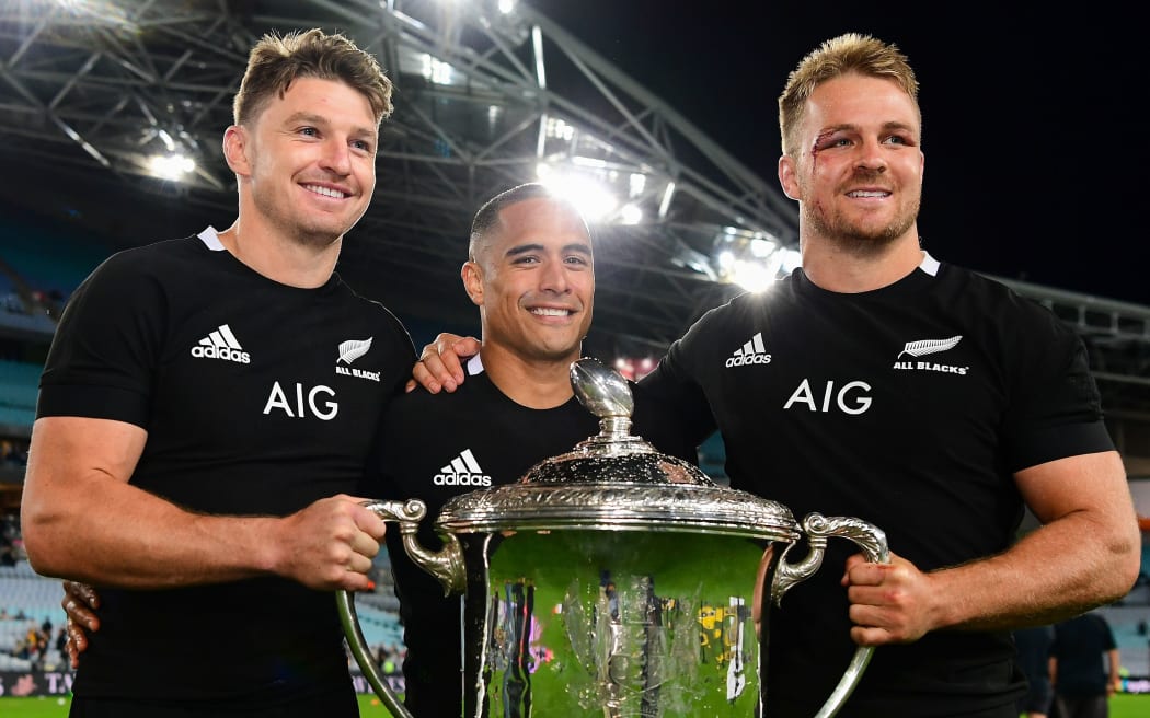 Third Bledisloe Cup Test Match between the Qantas Wallabies and New Zealand All Blacks at ANZ Stadium, Sydney, Australia. New Zealand's Beauden Barrett, Aaron Smith and Sam Cane. Photo: Stuart Walmsley / www.photosport.nz