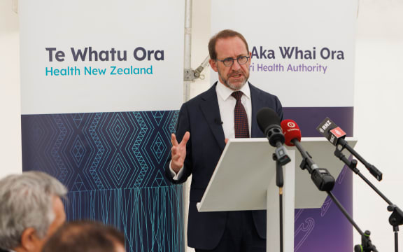 Health minister Andrew Little, flanked by the country's top health sector leaders, launches a new interim health plan for the country outside Taupō Hospital today.