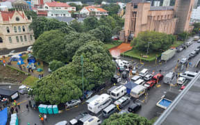 Protesters' vans and cars blocking the corner of Molesworth St and Hill St outside Parliament grounds, and tarpaulin awnings set up on the footpath.