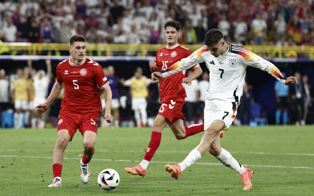Germany's Kai Havertz shoots against Denmark during their Euro 2024 round-of-16 match.
