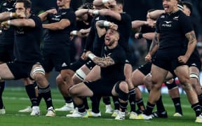New Zealand's TJ Perenara during the haka against England, 2022.