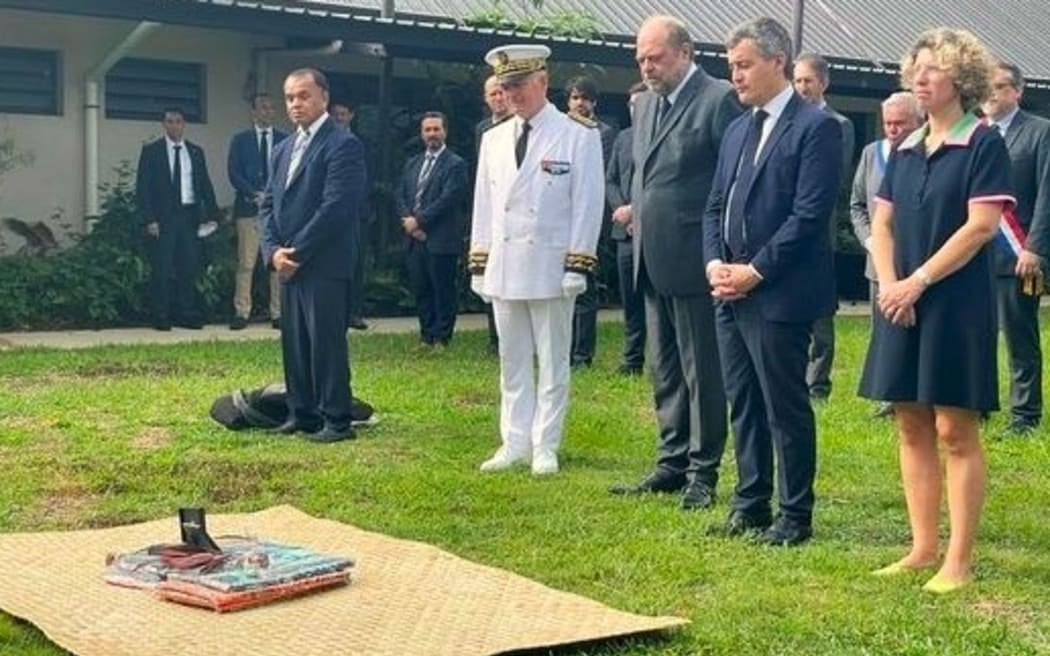 French ministers -right to left- Marie Guévenoux, Gérald Darmanin and Eric Dupond-Moretti follow traditional protocol upon arriving in New Caledonia