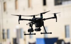 Drones are deployed during a demonstration at the Los Angeles Fire Department ahead of DJI’s AirWorks conference in Los Angeles, California, on September 23, 2019.