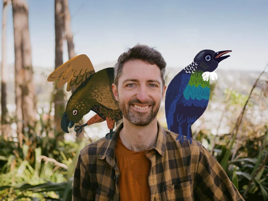 Bird guy David Klein smiles at the camera with cartoon birds sitting on his shoulders.