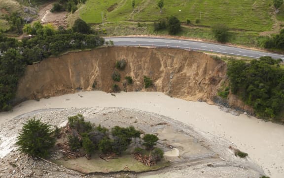 Mangahauini River eats away at State Highway 35 near Tokomaru Bay