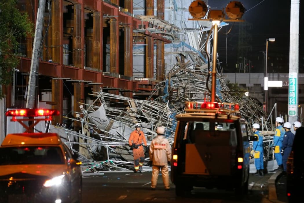 Scaffolds for construction lie down on the street in Higashi Ward, Fukuoka City in Japan.