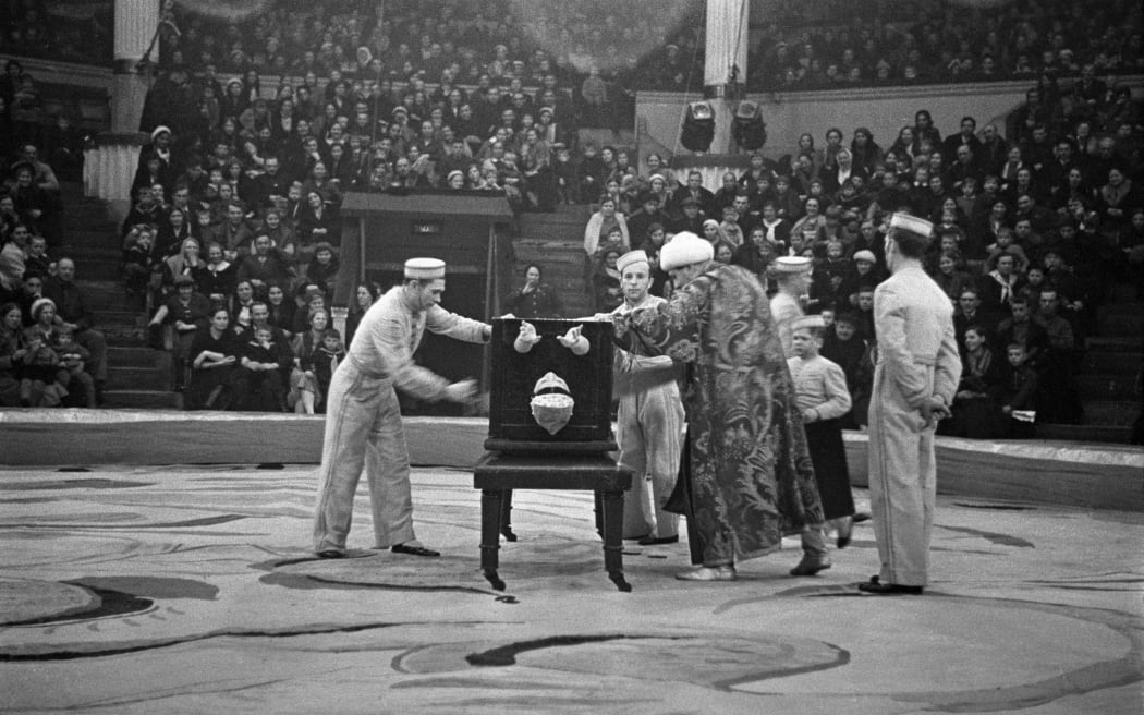 Magician Emil Kio performs at the Moscow Circus in 1939.