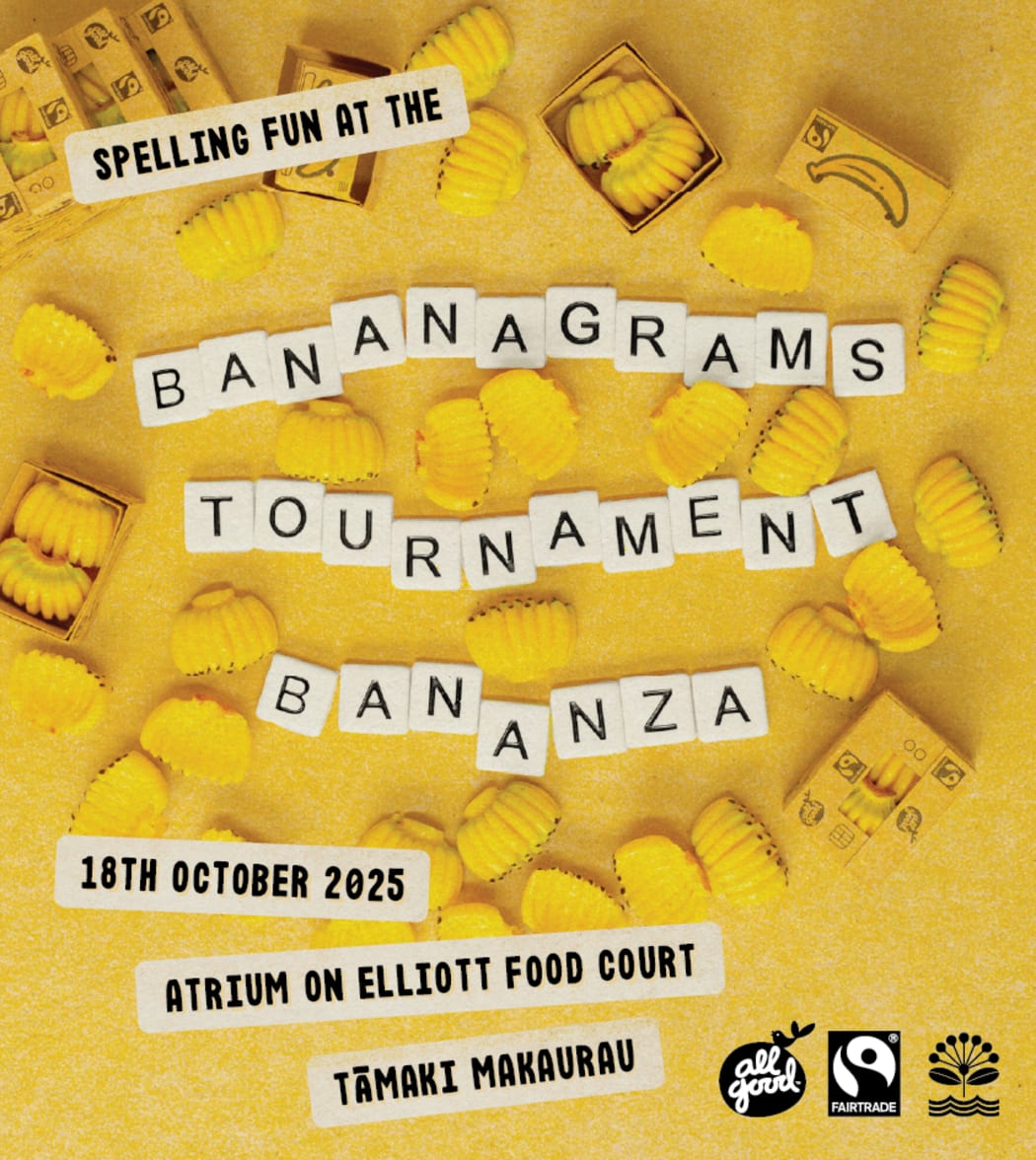 A poster for the Banangrams Tournament Bananza. It has yellow tokens on a flat surface.