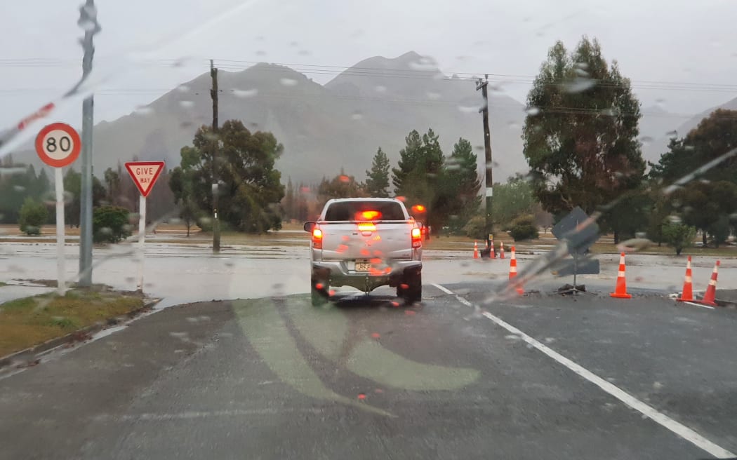 Flooding on the road near Otematata on Tuesday 19 July.