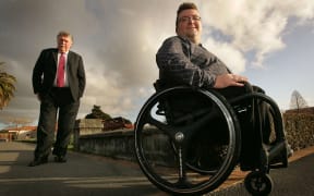 Simon Thurston, 26,(RIGHT) and his father, Lyall Thurston, pictured in Rotorua. Simon has a disability related to a neural tube defect. 
23 July 2009 New Zealand Herald Photograph by Alan Gibson.